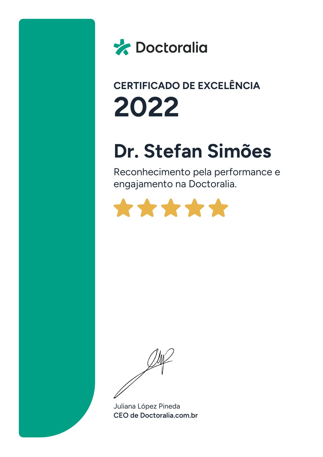 Certificado de Excelência Doctoralia 2022 — Dr. Stefan Simões