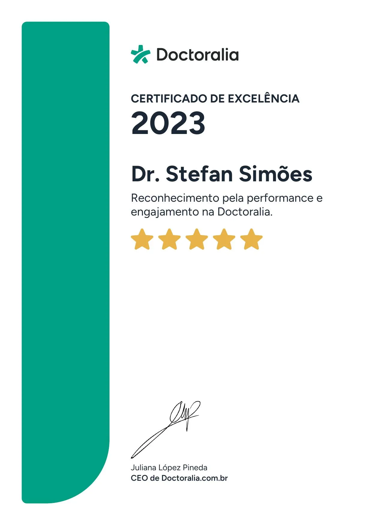 Certificado de Excelência Doctoralia 2023 — Dr. Stefan Simões